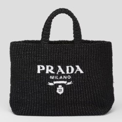 Riproduzione Fedele Prada Large Crochet Tote Bag Raffia-effect Yarn Nero imitazioni