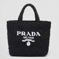 Riproduzione Fedele Borse Replica tote piccola Prada all'uncinetto in filato effetto rafia nero imitazioni