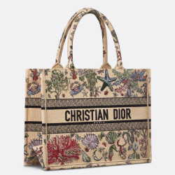 Borsa tote Dior media in rafia con Dior Cabinet de Curiosites Beige