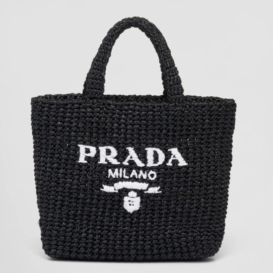 Borse Replica tote piccola Prada all'uncinetto in filato effetto rafia nero