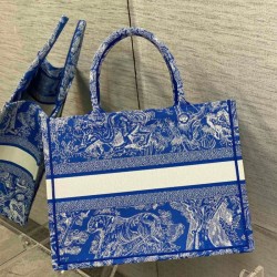 Riproduzione Fedele Dior Book Tote Bag Media Ricamo Toile de Jouy Reverse Blu imitazioni