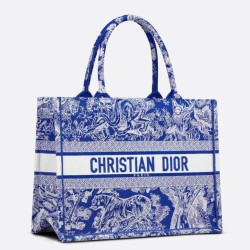 Riproduzione Fedele Dior Book Tote Bag Media Ricamo Toile de Jouy Reverse Blu imitazioni