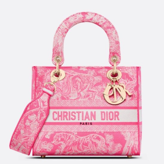Dior Borse Imitazioni Lady D-Lite Media Toile de Jouy Ricamo Rovescio Rosa