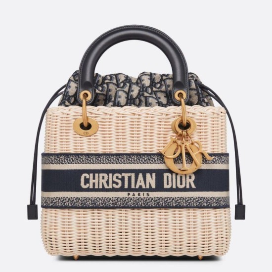 Dior Borse Imitazioni Lady Dior Media Wicker e Jacquard Obliquo Blu