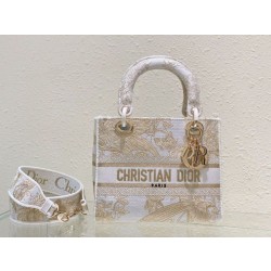 Dior Media Borsa Lady D-Lite Ricamo Jardin d'Hiver Oro