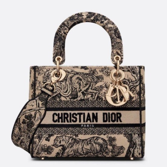 Dior Media Borsa Lady D-Lite Ricamo Toile de Jouy Marrone