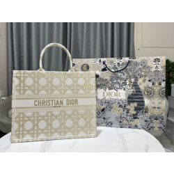 Dior Medium/Large Book Tote Bag Ricamo rattan oversize Bianco/Oro