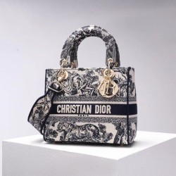 Qualità Specchio Replica Dior Media Borse Lady D-Lite Ricamo Toile de Jouy Blu Riproduzione Fedele Dior Media Borse Replica Lady D-Lite Ricamo Toile de Jouy Blu imitazioni