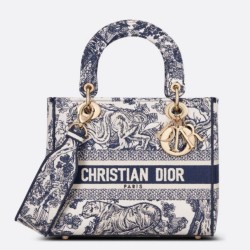 Riproduzione Fedele Dior Media Borse Replica Lady D-Lite Ricamo Toile de Jouy Blu imitazioni