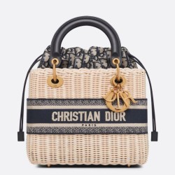 Riproduzione Fedele Dior Borse Imitazioni Lady Dior Media Wicker e Jacquard Obliquo Blu imitazioni