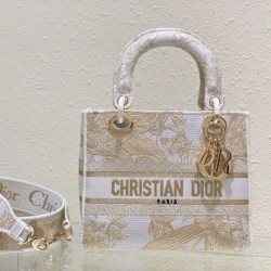 Qualità Specchio Replica Dior Media Borsa Lady D-Lite Ricamo Jardin d'Hiver Oro Riproduzione Fedele Dior Media Borsa Lady D-Lite Ricamo Jardin d'Hiver Oro imitazioni