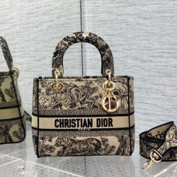 Qualità Specchio Replica Dior Media Borsa Lady D-Lite Ricamo Toile de Jouy Marrone Riproduzione Fedele Dior Media Borsa Lady D-Lite Ricamo Toile de Jouy Marrone imitazioni