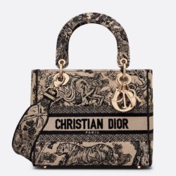 Riproduzione Fedele Dior Media Borsa Lady D-Lite Ricamo Toile de Jouy Marrone imitazioni