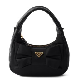 Riproduzione Fedele Mini-bag in nylon/nappa Prada Re-Nylon con fiocco 1BC241 Nero imitazioni