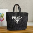 Prada Large Crochet Tote Bag Raffia-effect Yarn Nero