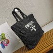 Prada Large Crochet Tote Bag Raffia-effect Yarn Nero
