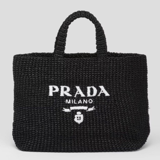 Prada Large Crochet Tote Bag Raffia-effect Yarn Nero