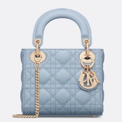 Riproduzione Fedele Replica Mini Borsa Dior Lady Dior con O-link Cannage Blu Imitazioni imitazioni