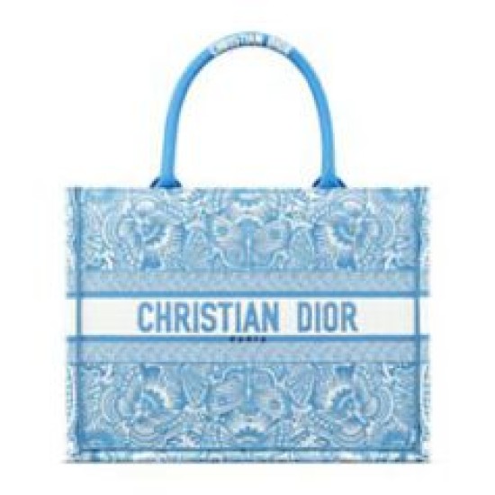 Replica Borsa Dior Book Tote media Dior M1286 ricamata con il motivo celeste D-Butterfly Paisley blu/bianco