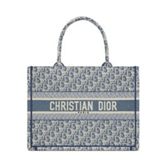 Borsa Dior Book Tote Dior blu ricamata con motivo Dior Oblique grigio