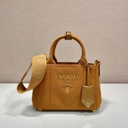 Qualità Specchio Replica Borse a mano Prada Jardiniere Mini in tela di cotone Caffè Riproduzione Fedele Borse Replica a mano Prada Jardiniere Mini in tela di cotone Caffè imitazioni