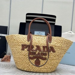 Riproduzione Fedele Imitazione Borse Firmate Replica shopping Prada Grande in Rafia Caffè imitazioni