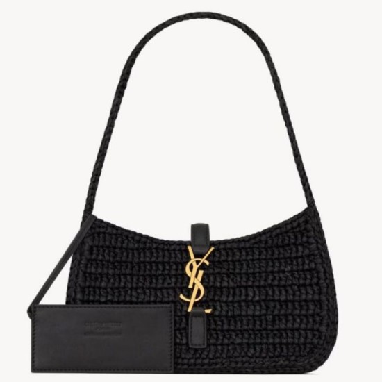 Mini borsa hobo Saint Laurent Le 5 À 7 in rafia nera