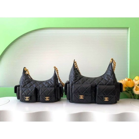 Borsa hobo Chanel 25C grande/maxi metallizzata AS5339 AS5302 Nero