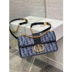 Borsa Dior 30 Montaigne East-West con catena Blue Denim Oblique Jacquard