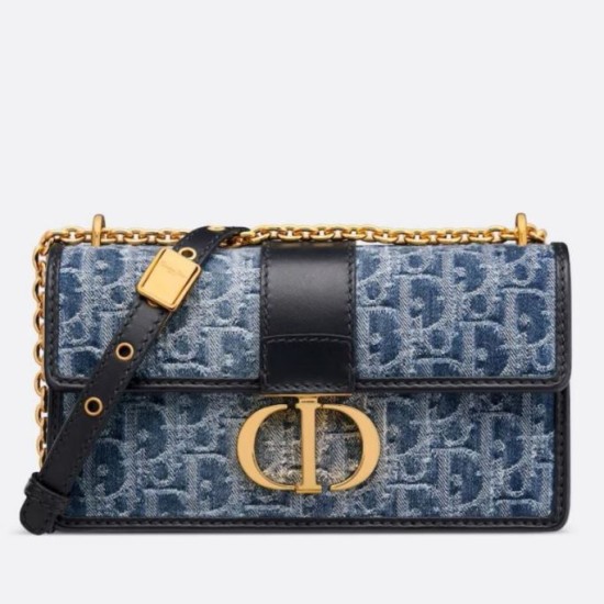 Borsa Dior 30 Montaigne East-West con catena Blue Denim Oblique Jacquard