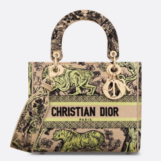 Borsa Dior Dioriviera Lady D-Lite Media Raffia con Ricamo Toile de Jouy Sauvage Lime