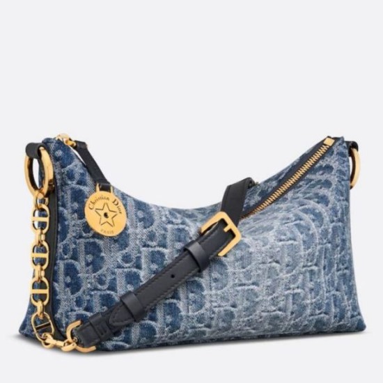 Borsa Dior Diorstar Hobo con catena Blue Denim Oblique Jacquard