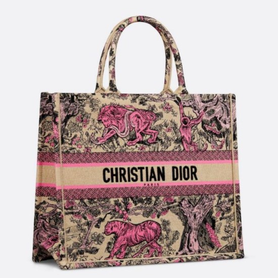 Borsa Dior grande Dioriviera Book Tote in rafia con ricamo Toile de Jouy Sauvage rosa