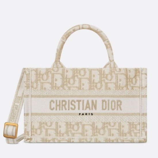 Borse Replica Dior Mini Book Tote con cinturino ricamato Dior Oblique color oro