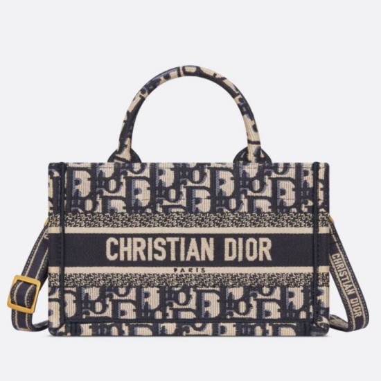 Borsa Dior Mini Book Tote con tracolla Ricamo Dior Oblique blu