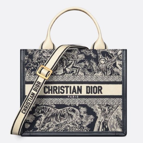 Borse Replica Dior piccola Book Tote con tracolla Ricamo Toile de Jouy Reverse e pelle di vitello blu