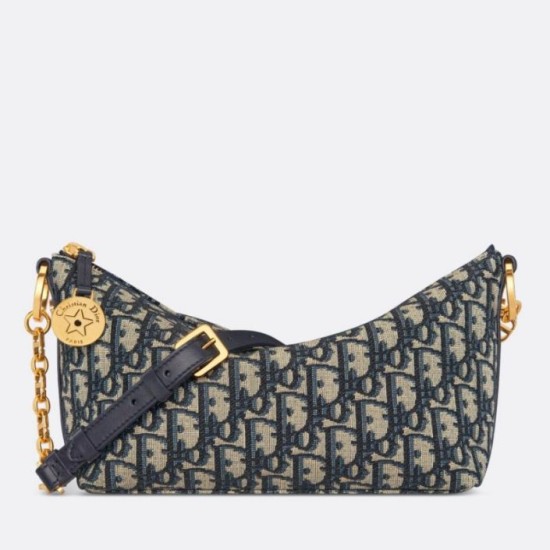 Borsa hobo Dior Diorstar con catena Jacquard blu obliquo