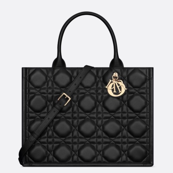 Borse Replica tote Dior media a libro con tracolla Pelle di vitello macrocannage nera