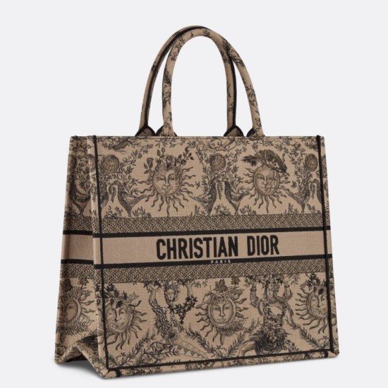Borsa tote grande per libri Dior Beige Ricamo Toile de Jouy Soleil