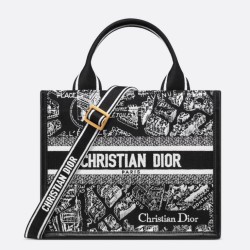 Borsa Dior piccola Book Tote con tracolla Ricamo Plan de Paris e pelle di vitello nera