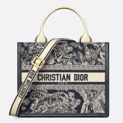 Borse Replica Dior piccola Book Tote con tracolla Ricamo Toile de Jouy Reverse e pelle di vitello blu