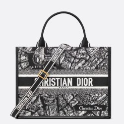 Replica Perfette Dior Medium Book Tote Bag con tracolla Plan de Paris Embroidery e pelle di vitello nera imitazioni