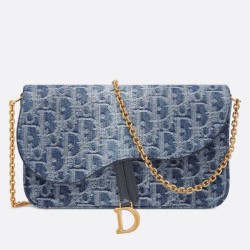 Borsa a Tracolla Dior Saddle Chain Jacquard Blu Denim Obliquo