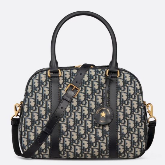 Dior D-Vibe Bowling Borsa grande Jacquard blu obliquo