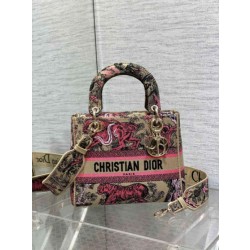 Dior Dioriviera Lady D-Lite Medium Bag Raffia con ricamo Toile de Jouy Sauvage rosa