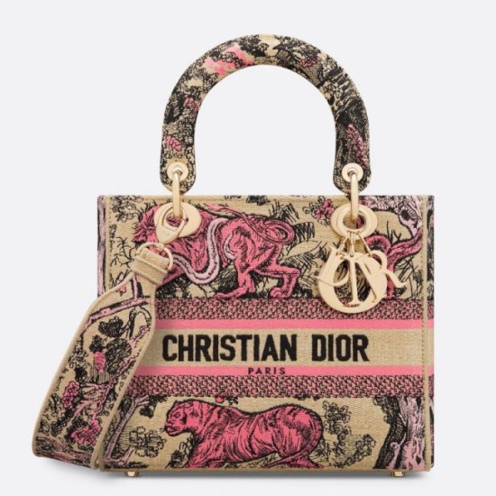 Dior Dioriviera Lady D-Lite Medium Bag Raffia con ricamo Toile de Jouy Sauvage rosa