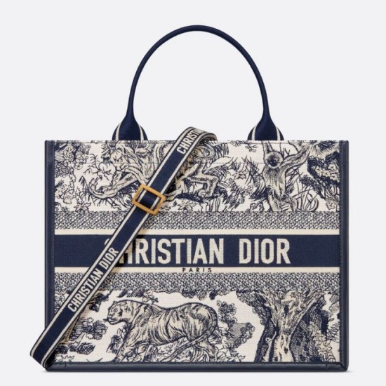Dior Media Book Tote Bag con Tracolla Blu Ricamo Toile de Jouy Sauvage