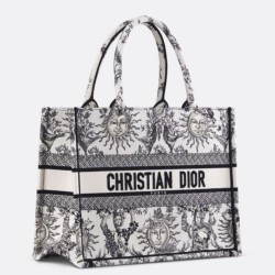 Dior Medium Book Tote Bag Bianco Toile de Jouy Soleil Embroidery