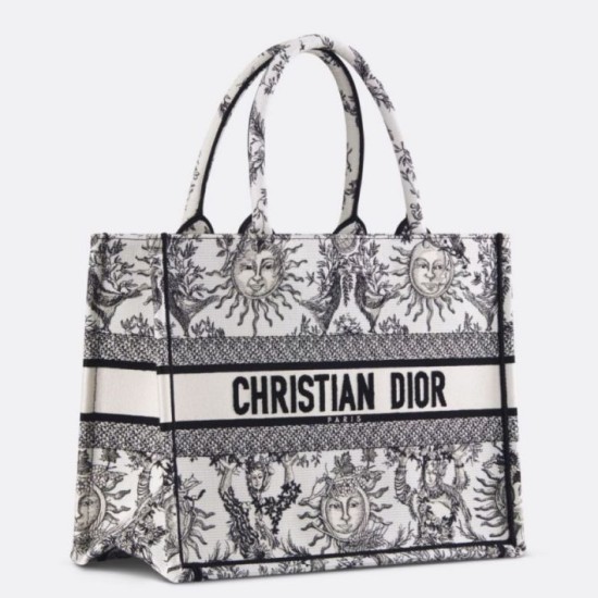 Dior Medium Book Tote Bag Bianco Toile de Jouy Soleil Embroidery