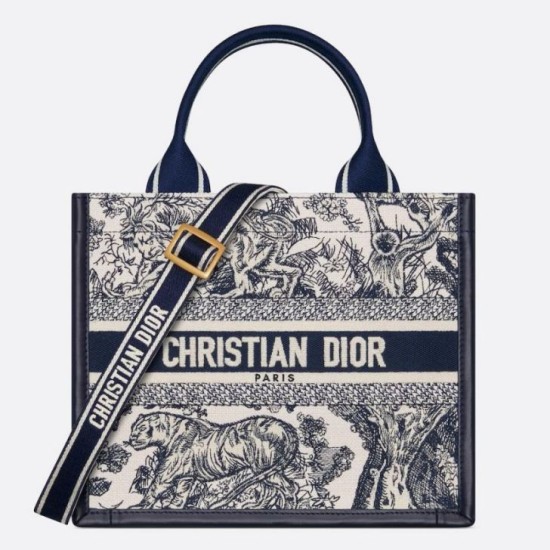 Dior Small Book Tote Bag con tracolla Toile de Jouy Sauvage Embroidery con pelle di vitello blu